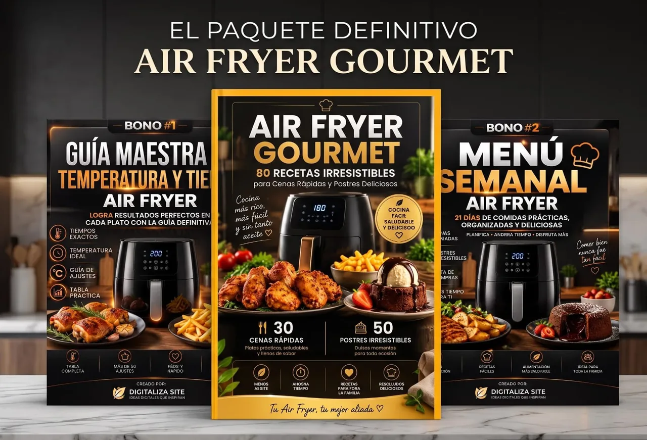 El paquete Air Fryer Gourmet: el ebook de 80 recetas, la guía maestra de temperatura y tiempo y el menú semanal de 21 días